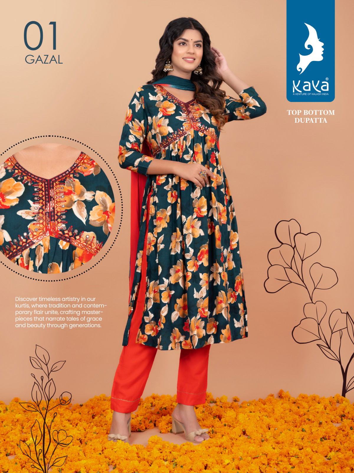 Gazal By Kaya Rayon Alia Cut Kurti With Bottom Dupatta Catalog